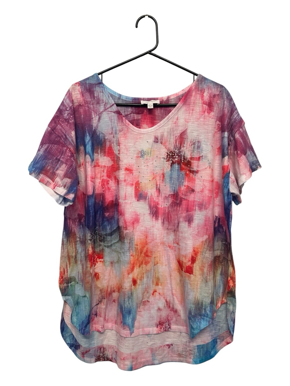 Modern Era Concepts Relaxed Watercolor & Rhinestone Scoop Neck Blouse Large